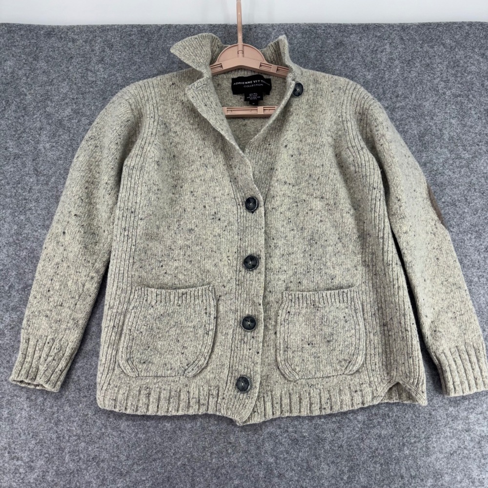 Adrienne Vittadini Wool Cardigan Sweater Petite Oatmeal Beige Elbow Patches P
